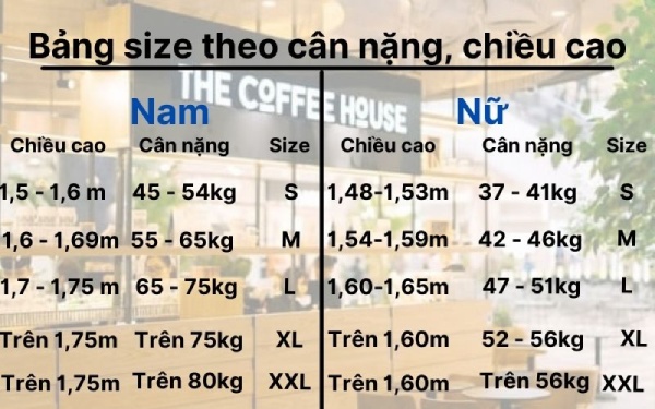 Bảng size đồng phục The Coffee House